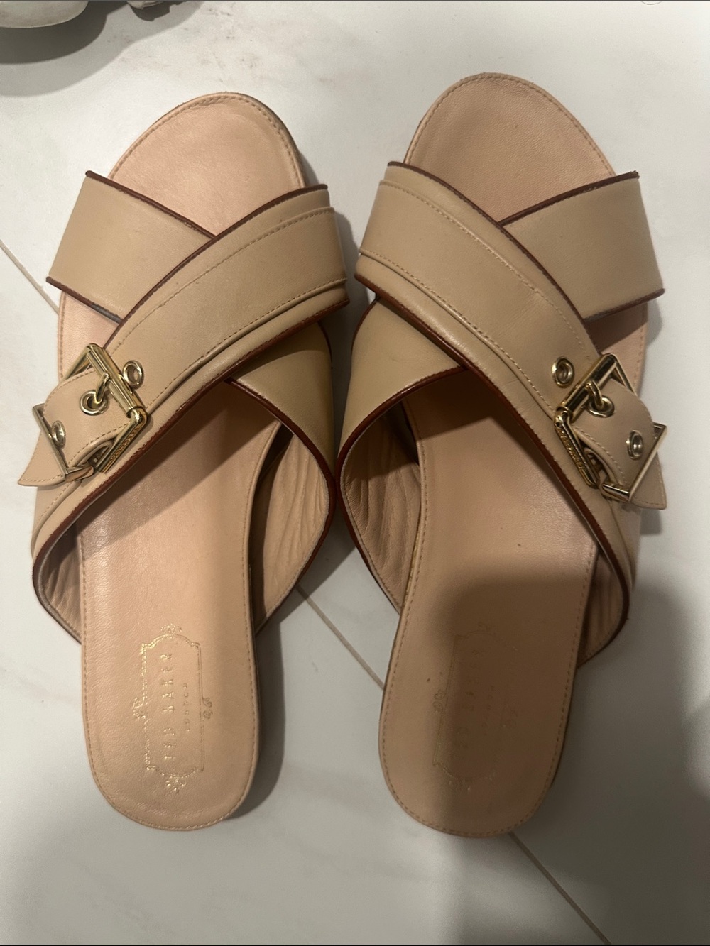 Ted Baker Cream Crossover Slide Sandals with Gold Buckle